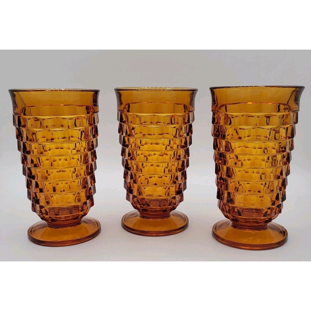 Set Of 3 Amber Indiana Glass Cubist Pattern Goblets Footed Iced Tea
